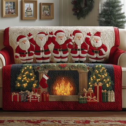 Five Santa Above Fireplace Quilted Sofa Cover Xmas Couch Furniture Funny Santa Themed Gifts Trendyhomewear - Pvr