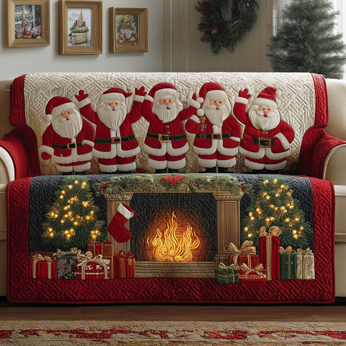 Five Santa Above Fireplace Quilted Sofa Cover Xmas Couch Furniture Funny Santa Themed Gifts Trendyhomewear - Pvr