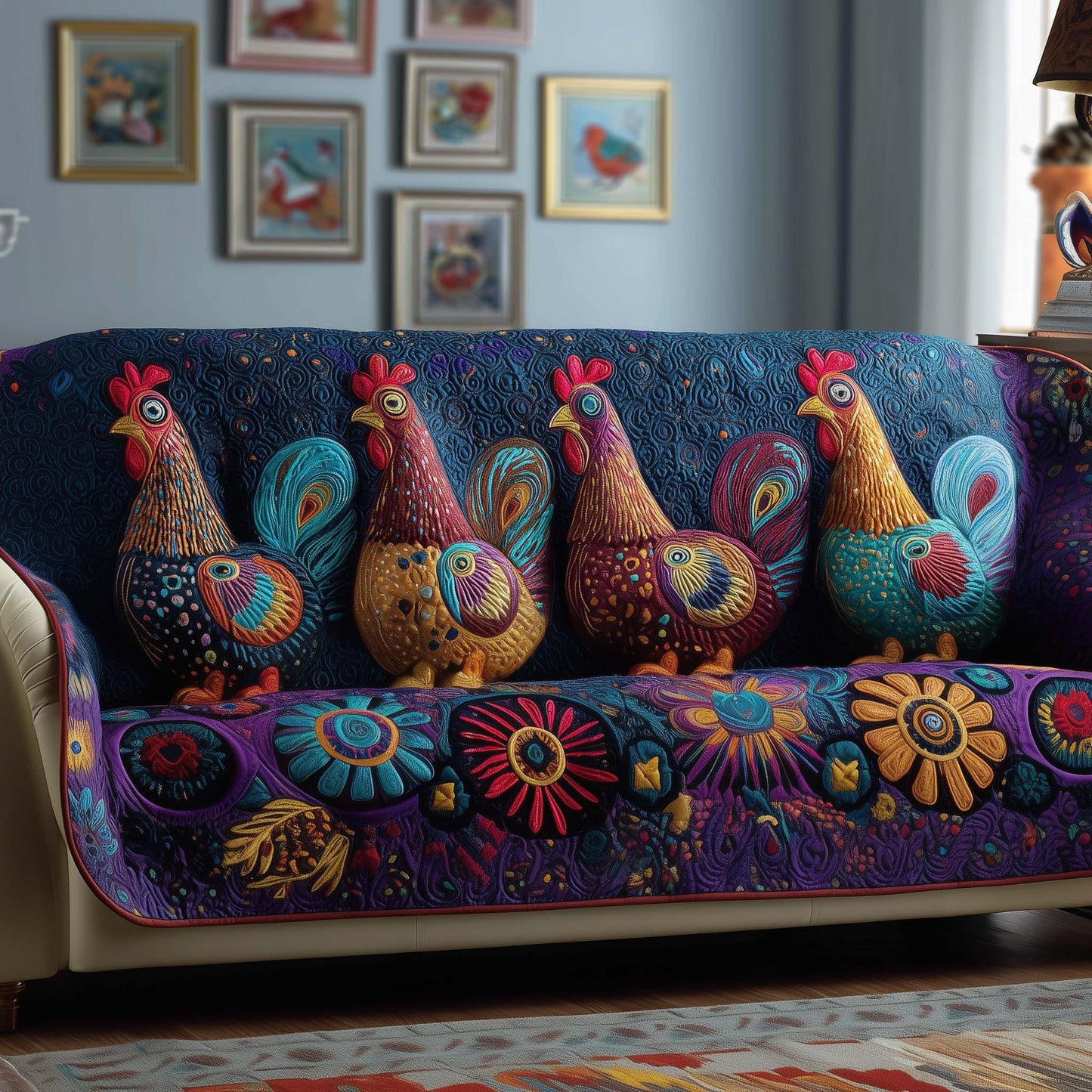 Bohemian Rooster Quilted Sofa Cover Cute Sofa Protector Rooster Item Gifts For Farmer Trendyhomewear - Pvr