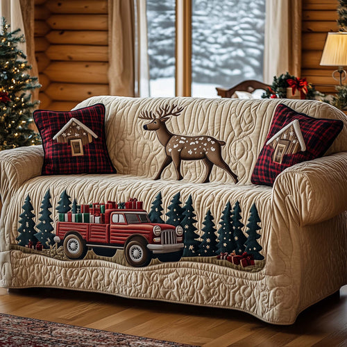 Reindeer Red Truck Quilted Sofa Cover Festive Xmas Couch Protector Novelty Reindeer Gifts Trendyhomewear - Pvr