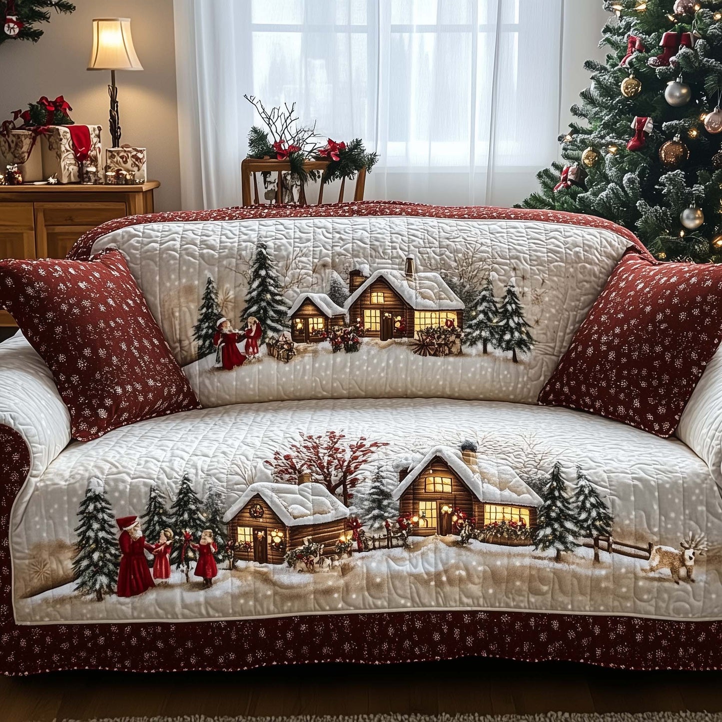 Village In Snowfall Quilted Sofa Cover Cozy Sofa Protector Unique Village Gifts For Xmas Trendyhomewear - Pvr