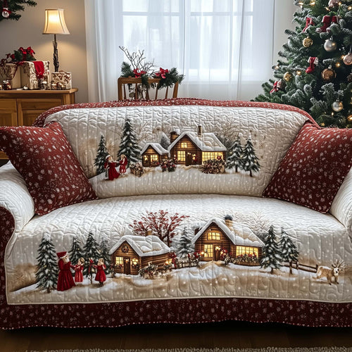 Village In Snowfall Quilted Sofa Cover Cozy Sofa Protector Unique Village Gifts For Xmas Trendyhomewear - Pvr