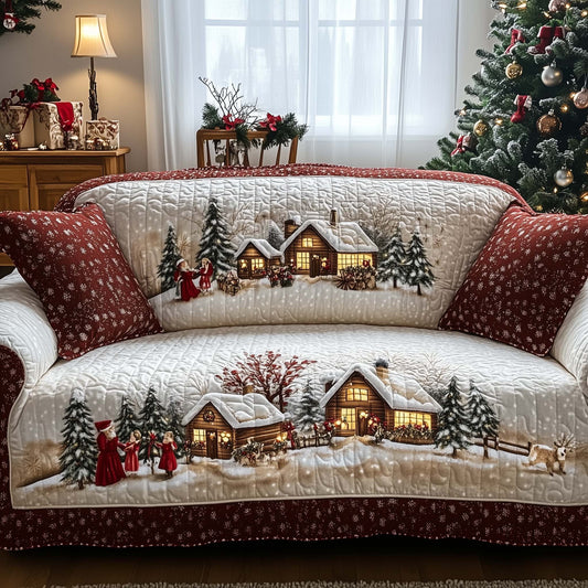 Village In Snowfall Quilted Sofa Cover Cozy Sofa Protector Unique Village Gifts For Xmas Trendyhomewear - Pvr