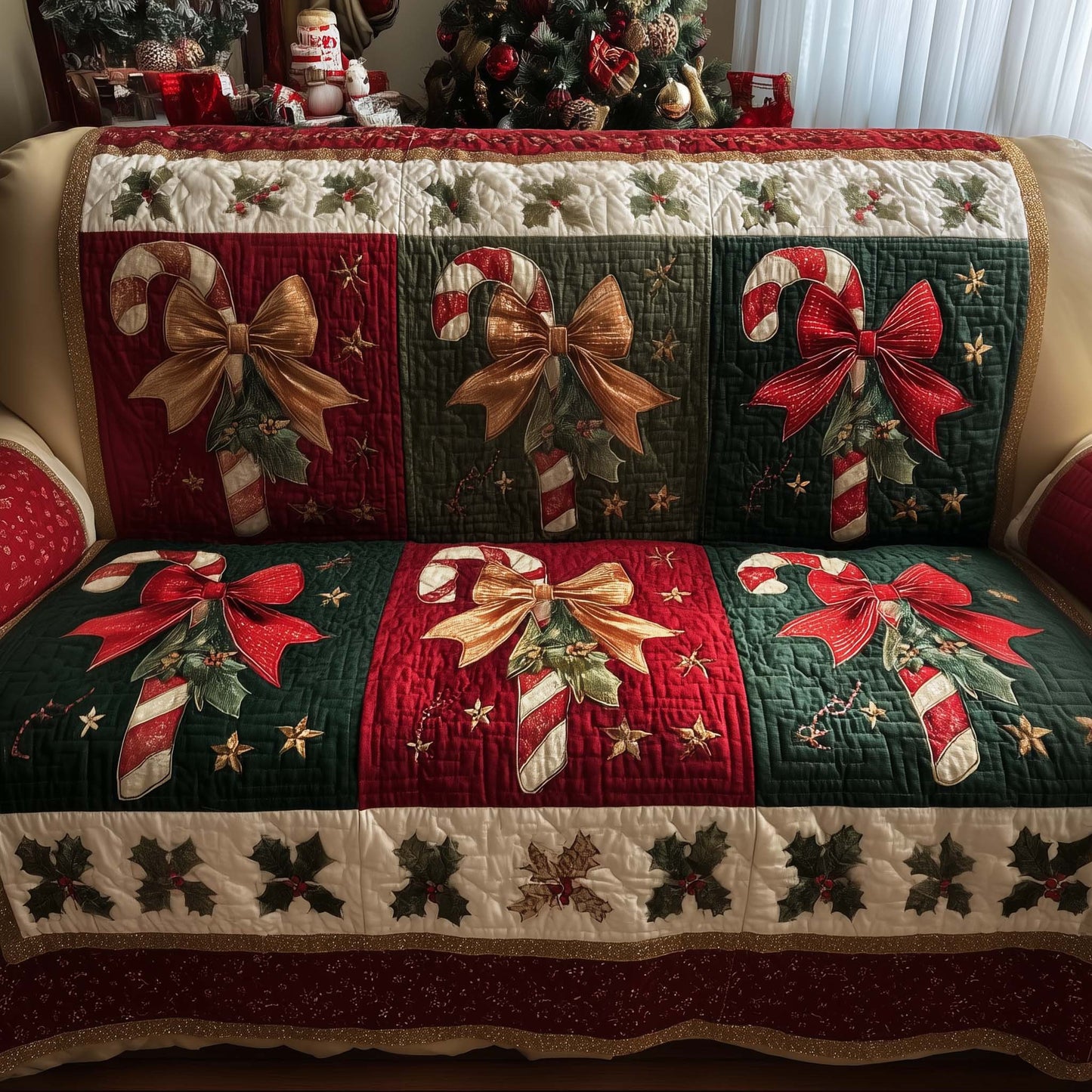 Xmas Candy Cane Quilted Sofa Cover Christmas Couch Protector Unusual Candy Cane Gifts Trendyhomewear - Pvr