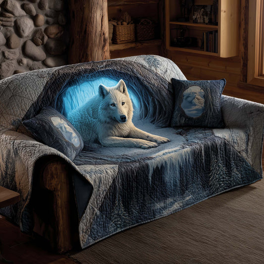 Wolf In Ice Cave Quilted Sofa Cover Winter Couch Furniture Decor Wolf Based Gifts For Xmas Trendyhomewear - Pvr