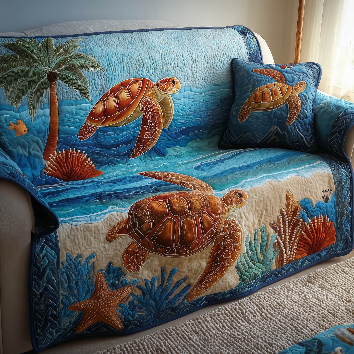 Sea Turtle Ocean Journey Quilted Sofa Cover Xmas Couch Furniture Sea Turtle Novelty Gifts Trendyhomewear - Pvr