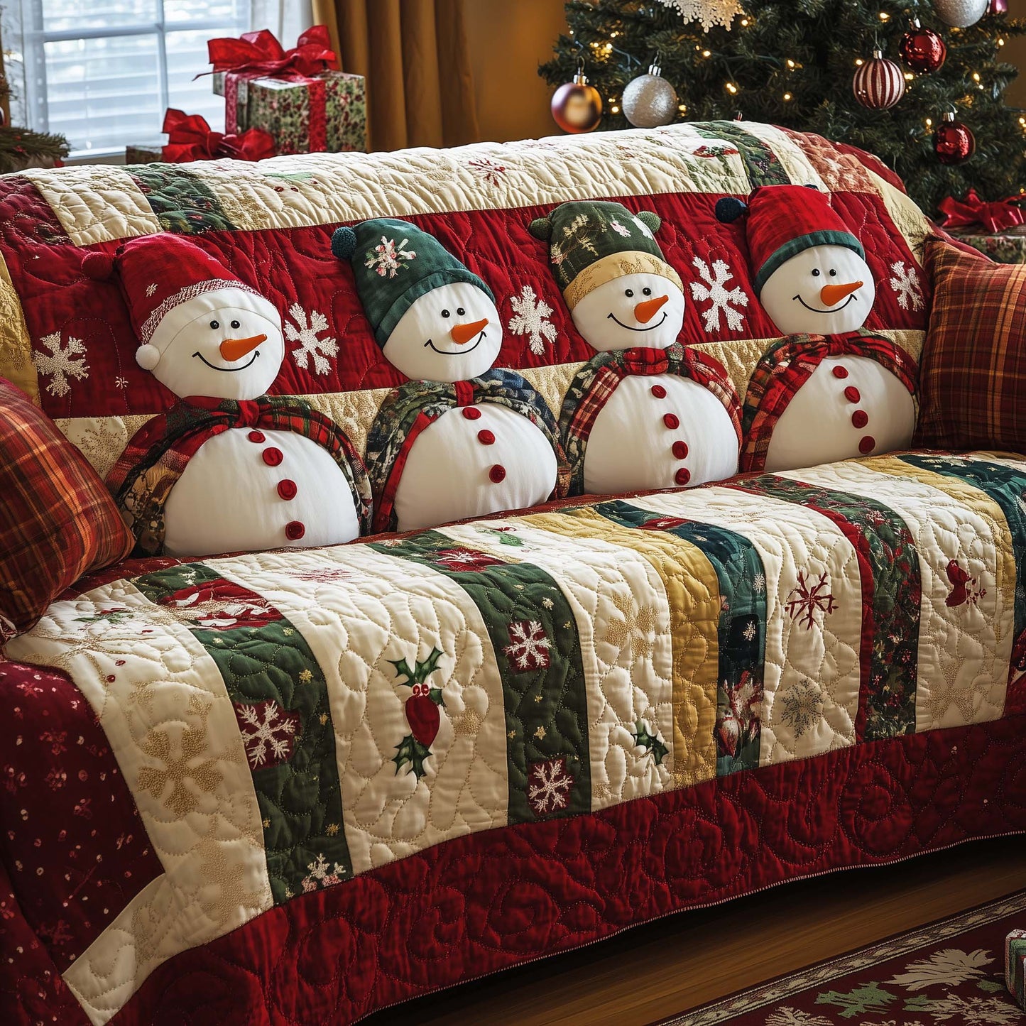 Christmas Cheerful Snowman Quilted Sofa Cover Best Holiday Sofa Protector Snowman Gifts Trendyhomewear - Pvr