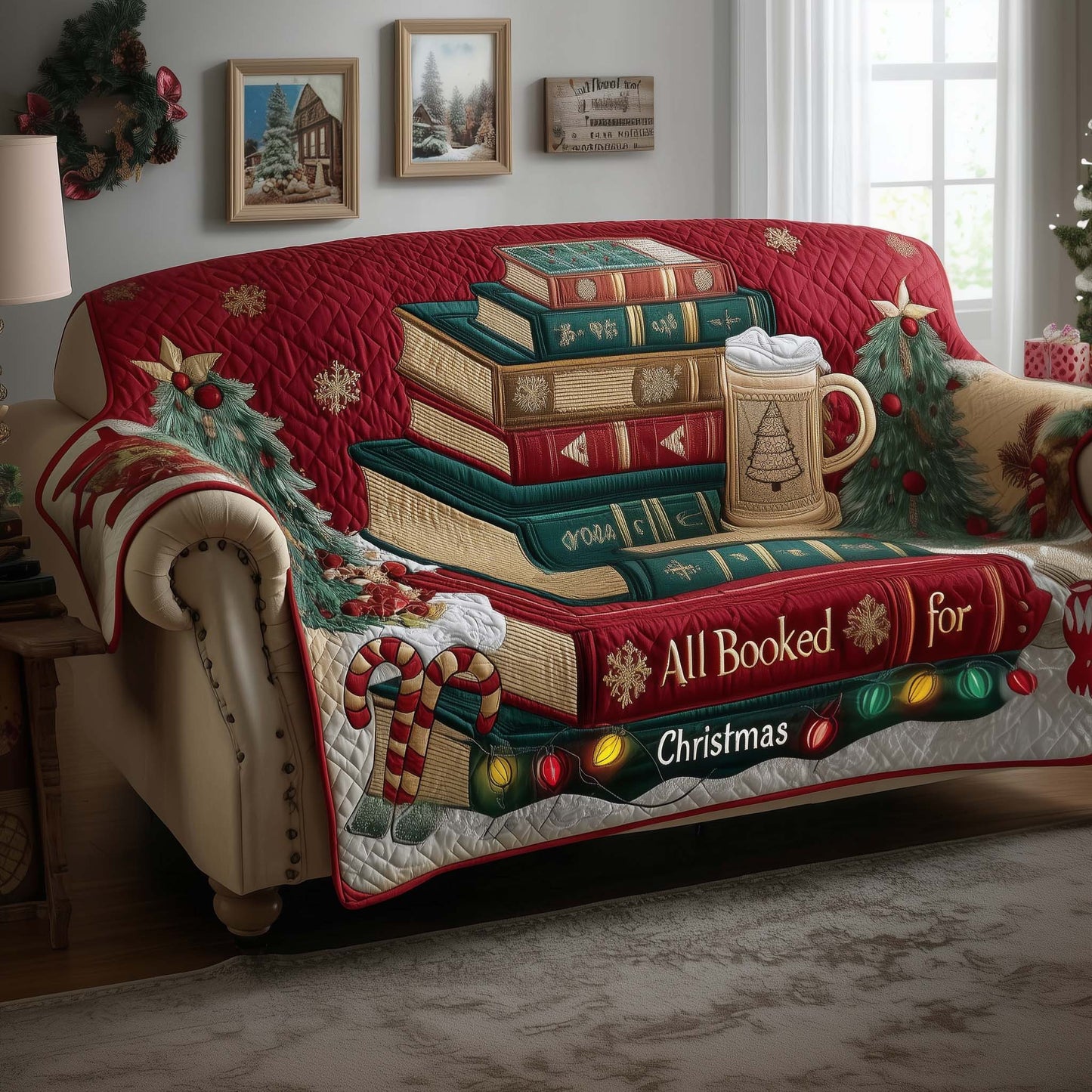 All Booked For Christmas Quilted Sofa Cover Festive Holiday Sofa Decor Book Gifts For Dad Trendyhomewear - Pvr