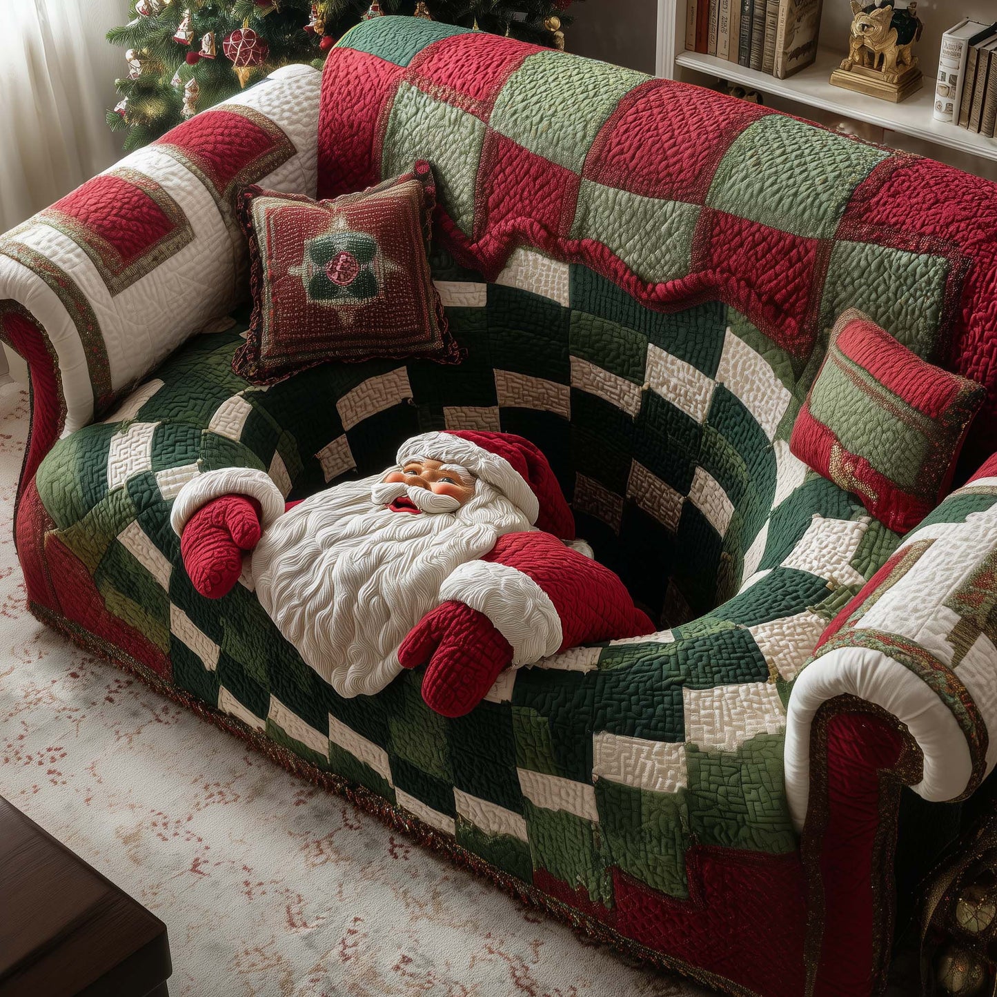 Santa Checkerboard Illusion Quilted Sofa Cover Christmas Couch Protector Santa Present Items Trendyhomewear - Pvr
