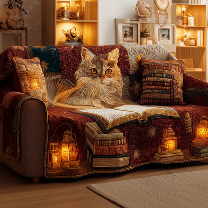 Cat Librarian Quilted Sofa Cover Christmas Couch Protector Unique Cat Gifts For Book Lovers Trendyhomewear - Pvr