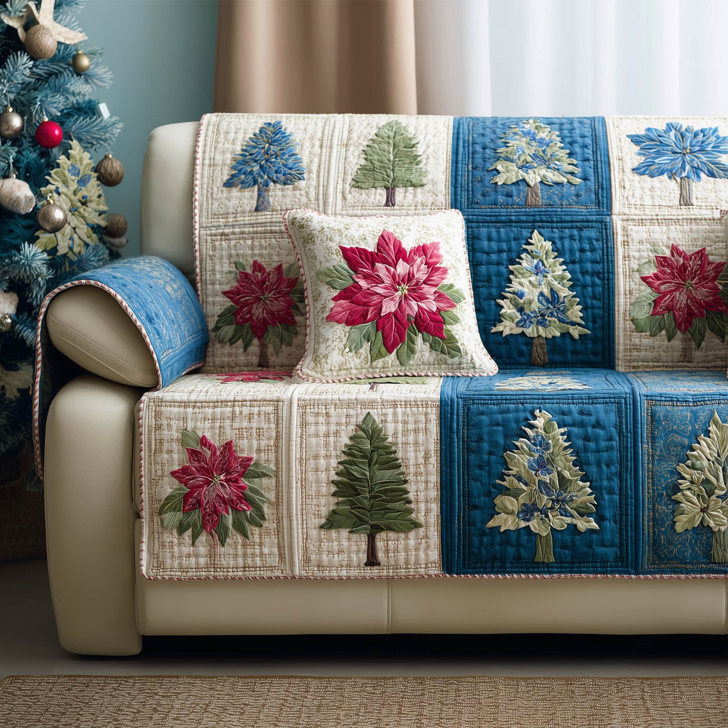 Poinsettia And Pine Quilted Sofa Cover Festive Holiday Sofa Decor Unusual Poinsettia Gifts Trendyhomewear - Pvr