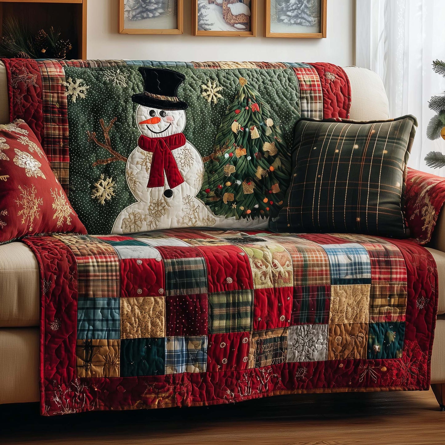 Top Hat Snowman Quilted Sofa Cover Cozy Christmas Sofa Pad Snowman Gifts For Dad Trendyhomewear - Pvr