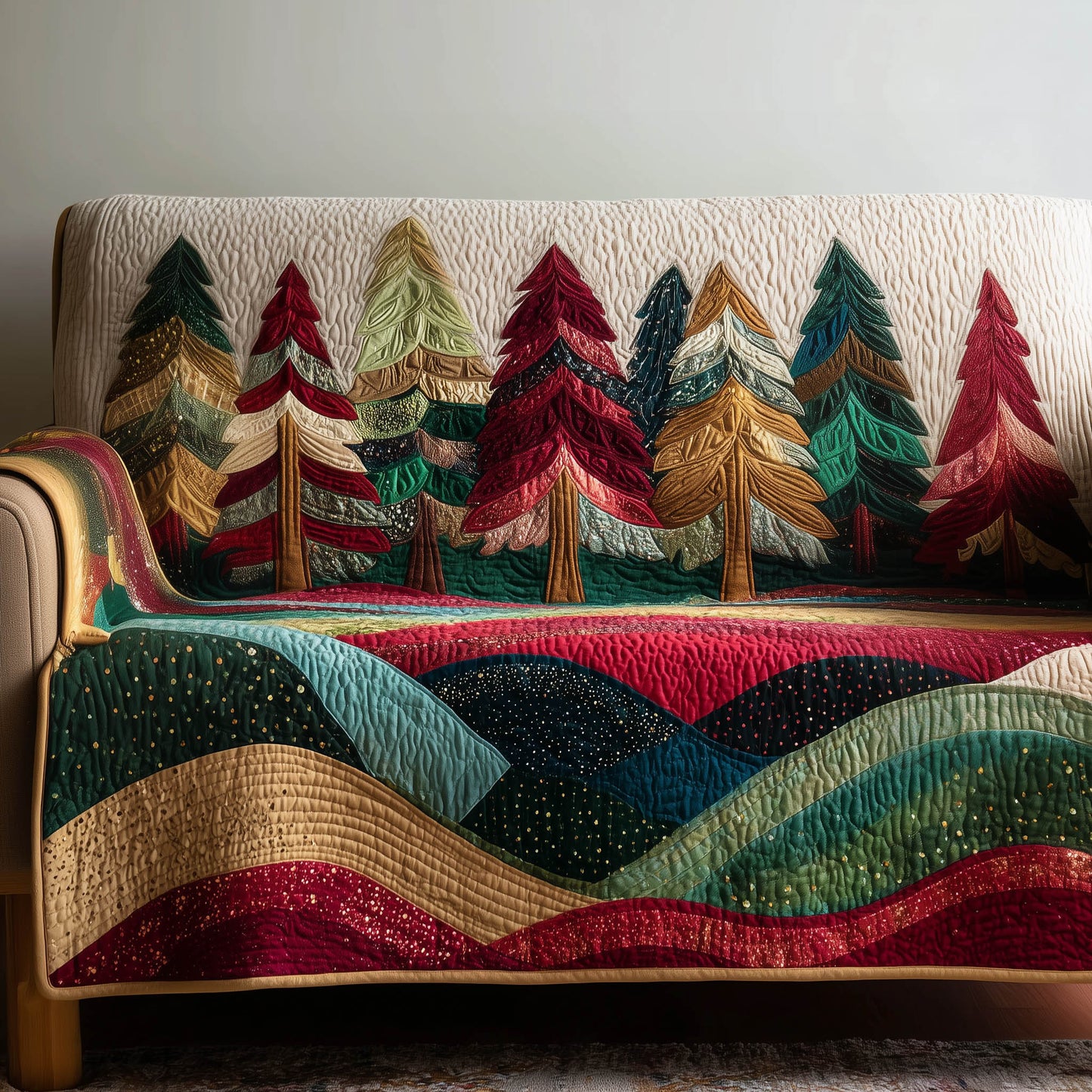 Pine Tree Fiber Art Quilted Sofa Cover Cozy Sofa Decor Novelty Christmas Pine Tree Gifts Trendyhomewear - Pvr
