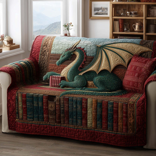 Dragon's Bookshop Quilted Sofa Cover Christmas Couch Protector Unique Dragon Themed Gifts Trendyhomewear - Pvr