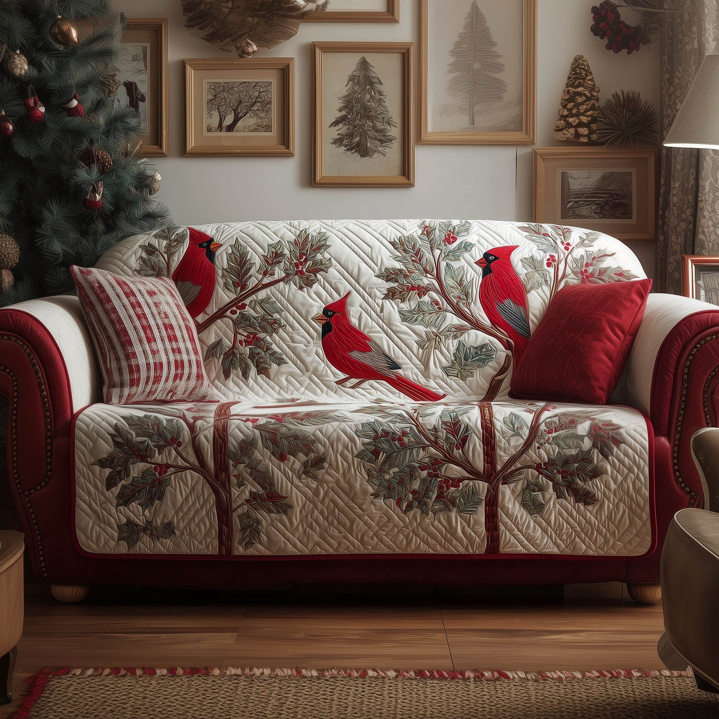 Cardinals Winter Quilted Sofa Cover Festive Christmas Sofa Protector Cardinal Gift Decoration Trendyhomewear - Pvr