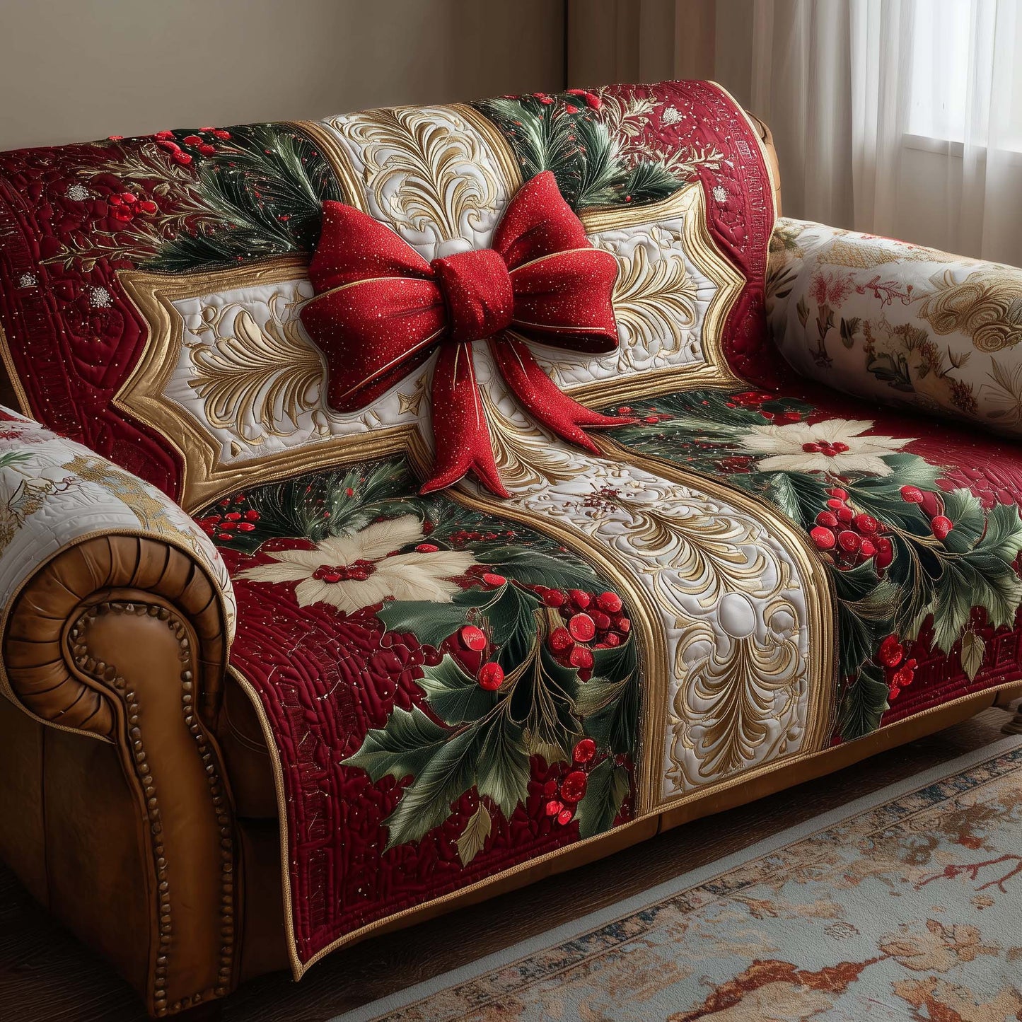 Velvet Bow Christmas Quilted Sofa Cover Festive Sofa Protector Coquette Bow Presents Ideas Trendyhomewear - Pvr