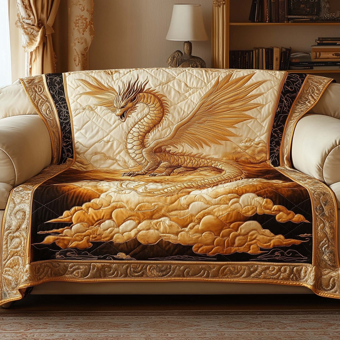 Dragon Golden Majesty Quilted Sofa Cover Festive Holiday Couch Decor Dragon Gift Ideas Trendyhomewear - Pvr