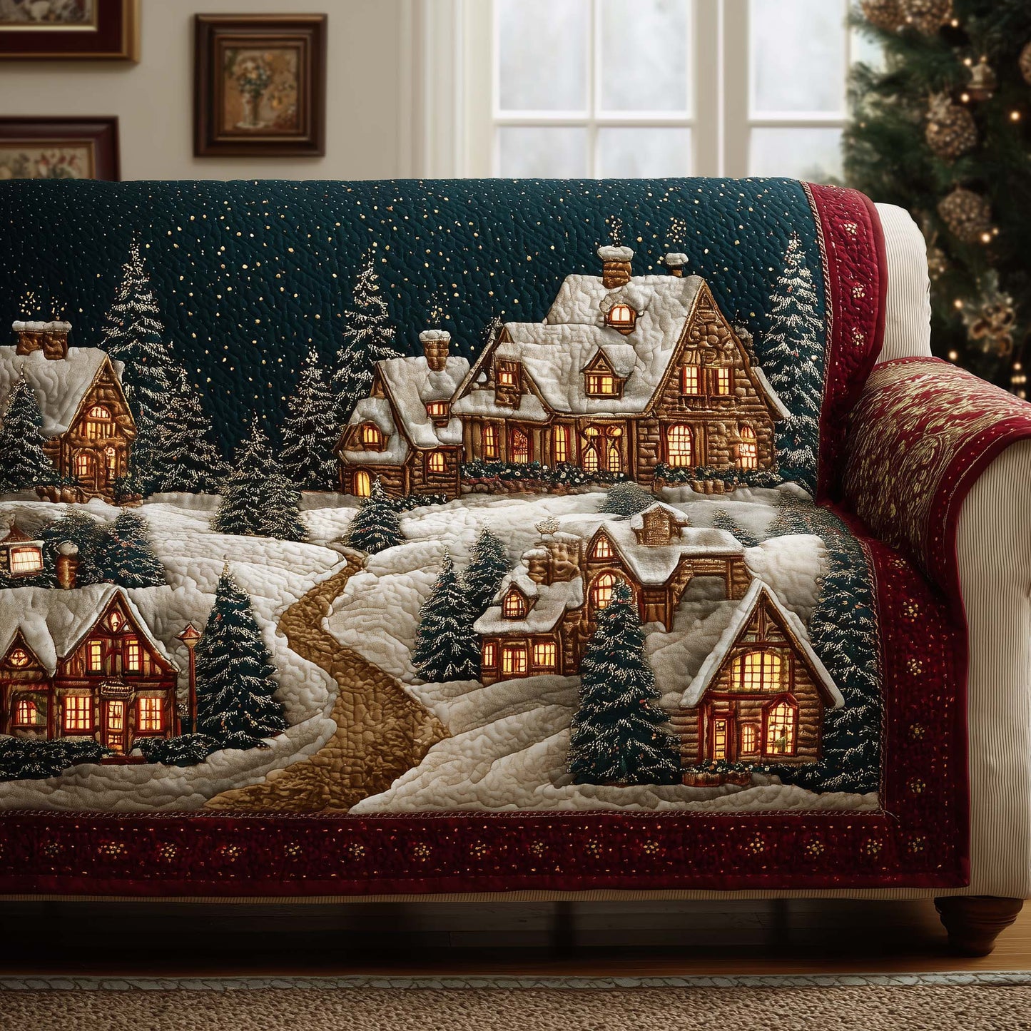 Village's Christmas Quilted Sofa Cover Xmas Sofa Furniture Holiday Living Room Decor Gifts Trendyhomewear - Pvr