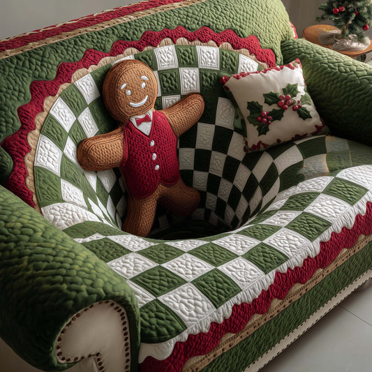Gingerbread Checkerboard Illusion Quilted Sofa Cover Xmas Couch Furniture Gingerbread Gifts Trendyhomewear - Pvr
