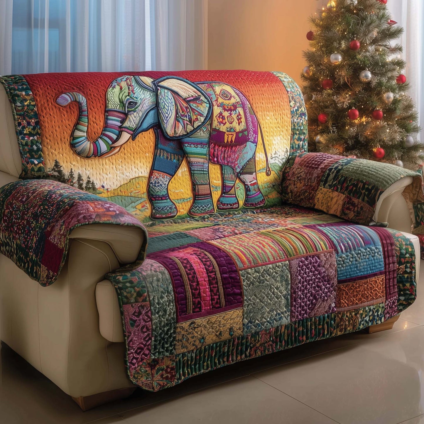 Bohemian Elephant Quilted Sofa Cover Cozy Sofa Decor Novelty Elephant Gifts For Christmas Trendyhomewear - Pvr