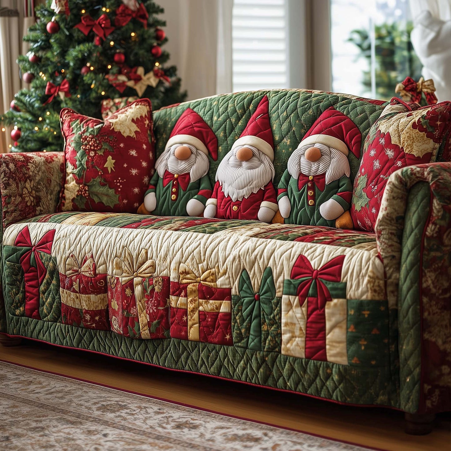 Xmas Gnomes Quilted Sofa Cover Christmas Couch Protector Unusual Gnome Gift Items Trendyhomewear - Pvr