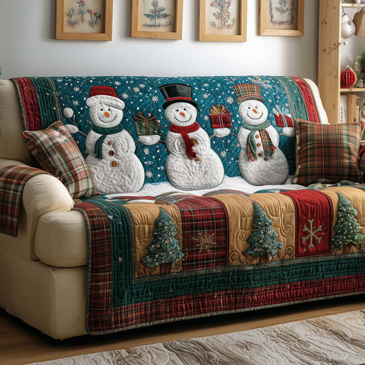 Farmhouse Snowman Quilted Sofa Cover Festive Couch Protector Cozy Snowman Based Gifts Trendyhomewear - Pvr