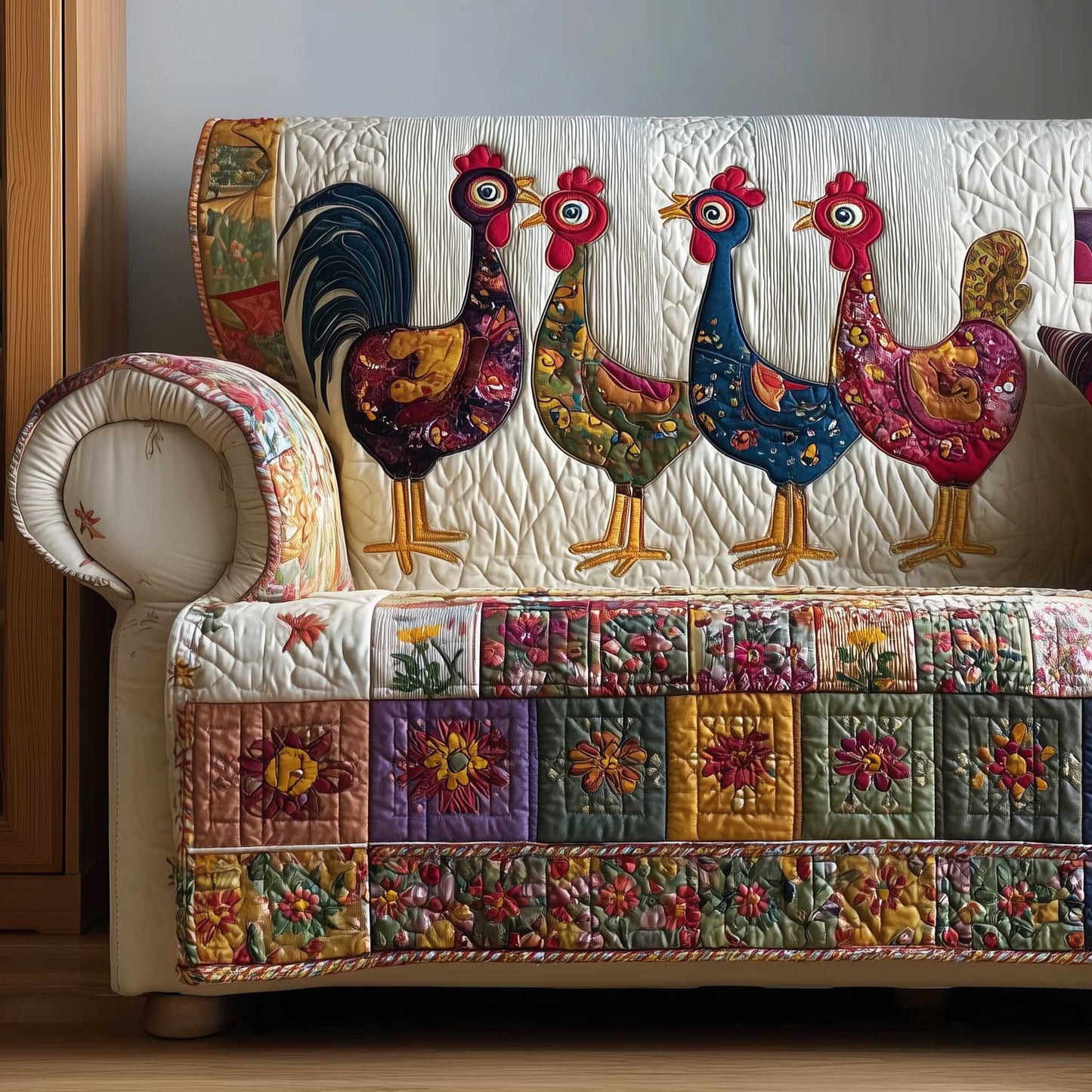 Chicken Flock Of Fun Quilted Sofa Cover Xmas Holiday Couch Cushion Funny Chicken Gifts Trendyhomewear - Pvr