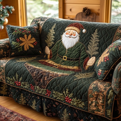 Woodland Santa Quilted Sofa Cover Xmas Holiday Couch Protector Winter Santa Themed Gifts Trendyhomewear - Pvr