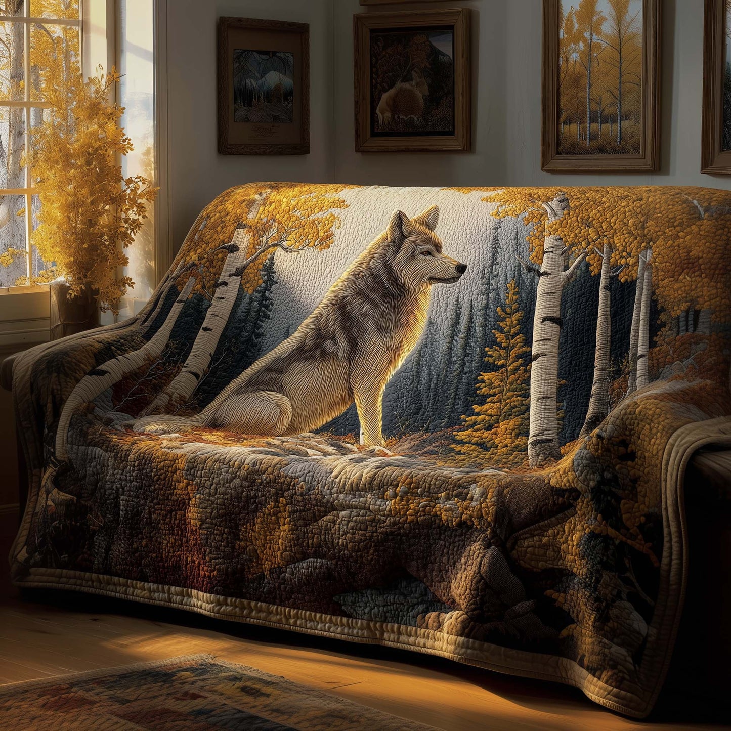 Autumn Wolf Quilted Sofa Cover Christmas Couch Protector Unique Wolf Present Items Trendyhomewear - Pvr