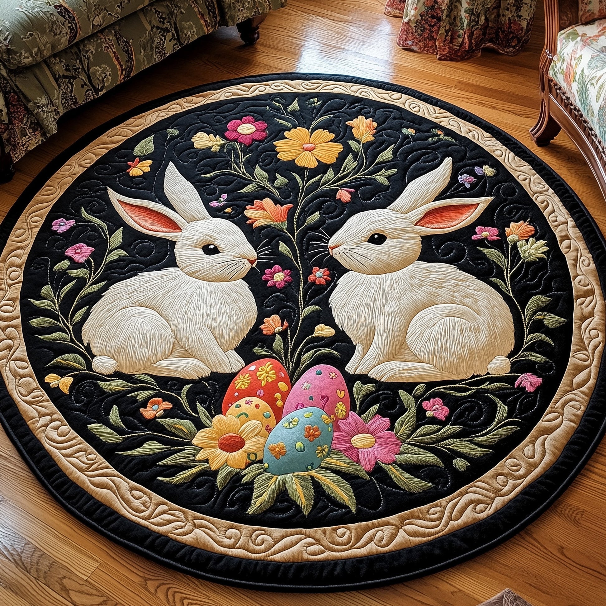 Cherished Bunny Couple Quilted Round Mat Holiday Living Decorations Birthday Gifts For Rabbit Lovers