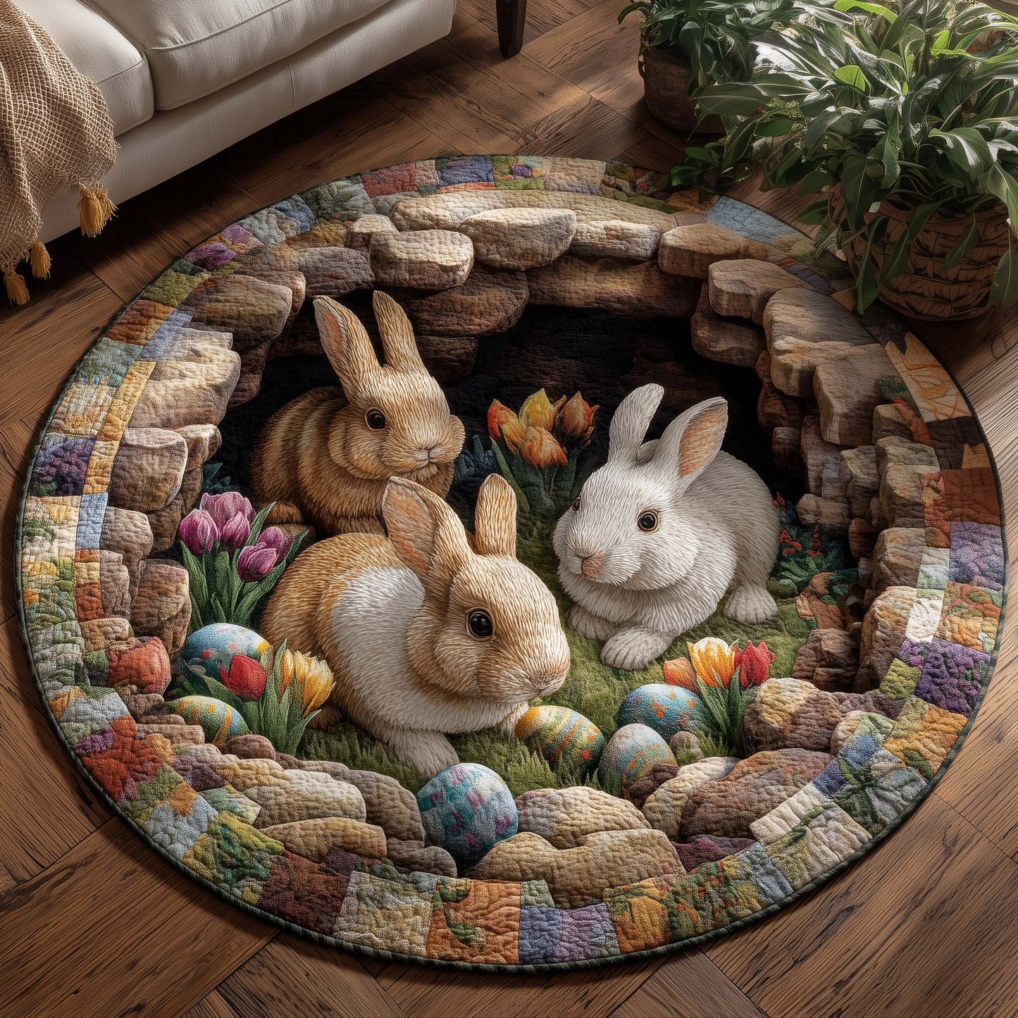 Spring Blessing Quilted Round Mat Easter Holiday Room Decor Best Gifts For Rabbit Lovers