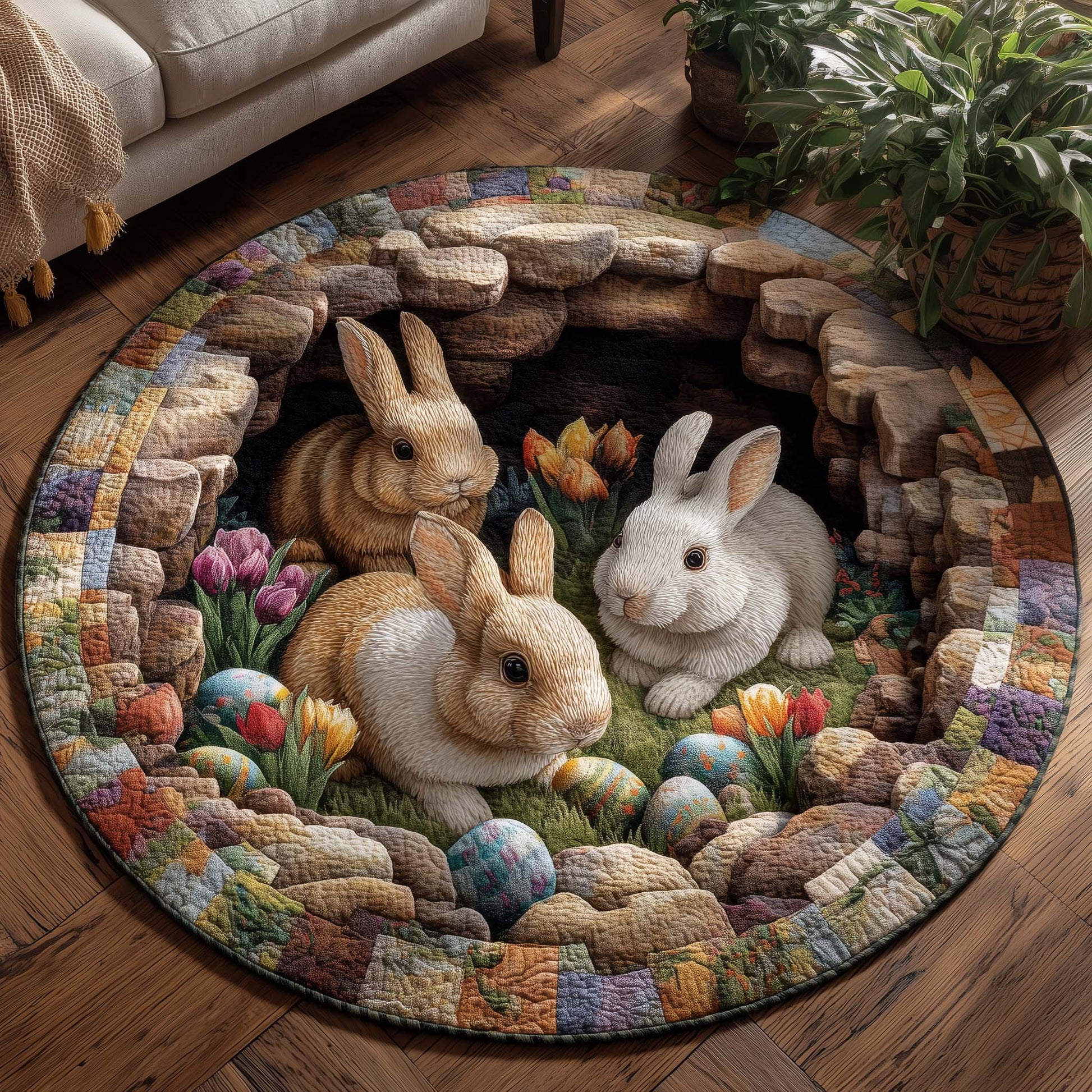 Spring Blessing Quilted Round Mat Easter Holiday Room Decor Best Gifts For Rabbit Lovers