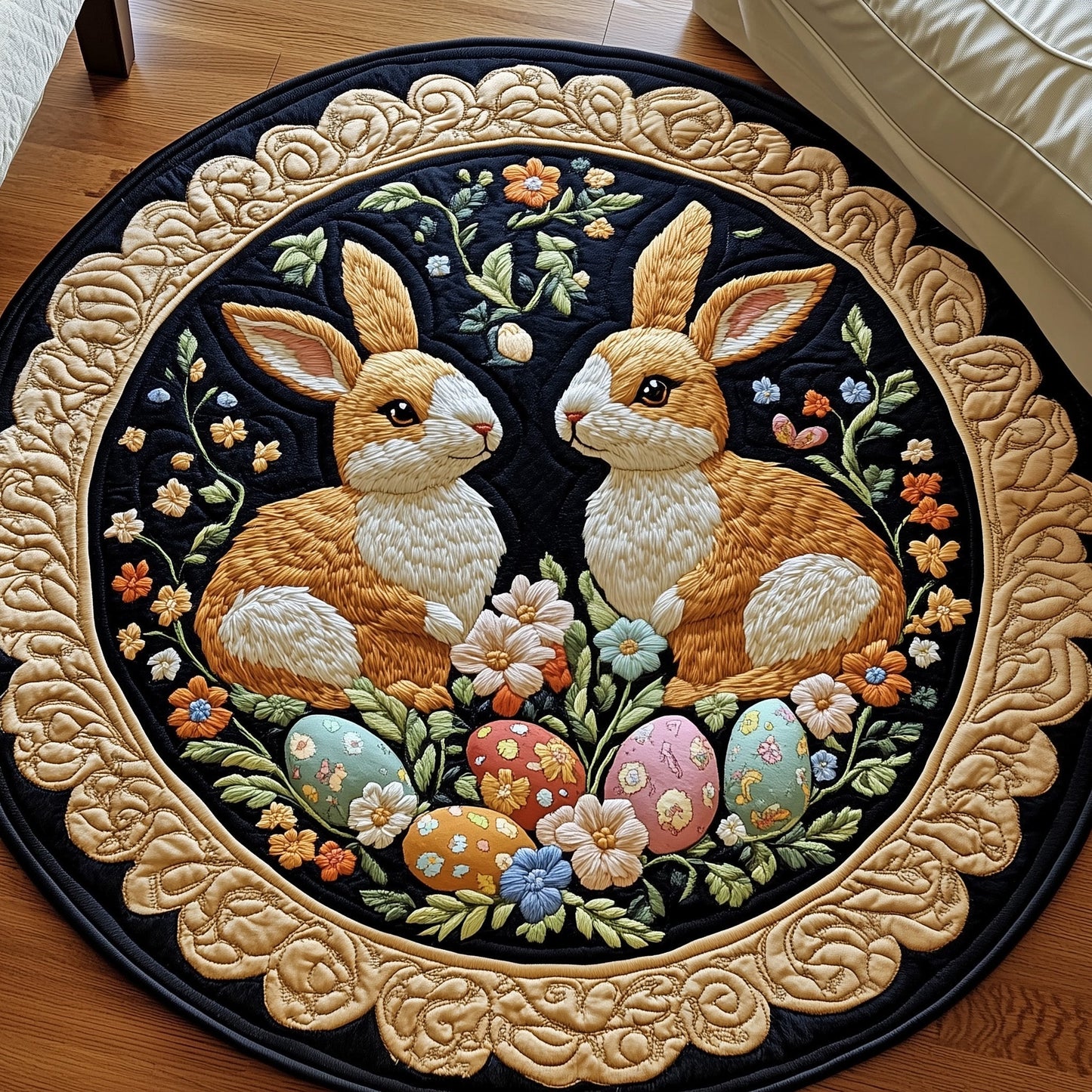 Springtime Bunny Duo Quilted Round Mat Easter Holiday Room Decor Unique Gifts For Couple