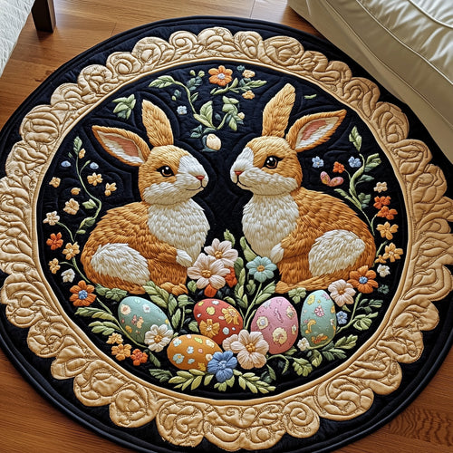 Springtime Bunny Duo Quilted Round Mat Easter Holiday Room Decor Unique Gifts For Couple