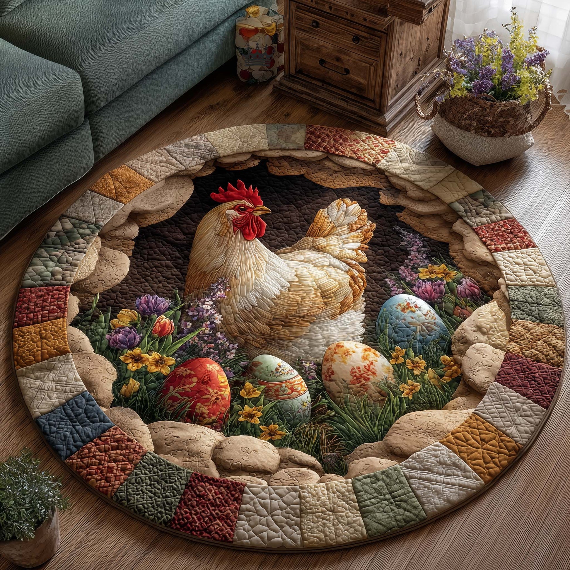 Spring Blessing Quilted Round Mat Easter Holiday Room Decor Chicken Gifts For Him Her