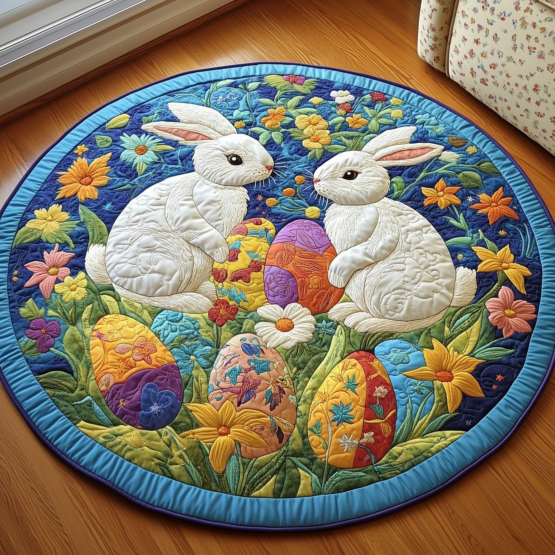 Springtime Bunny Duo Quilted Round Mat Easter Holiday Room Decor Unique Gifts For Your Lover