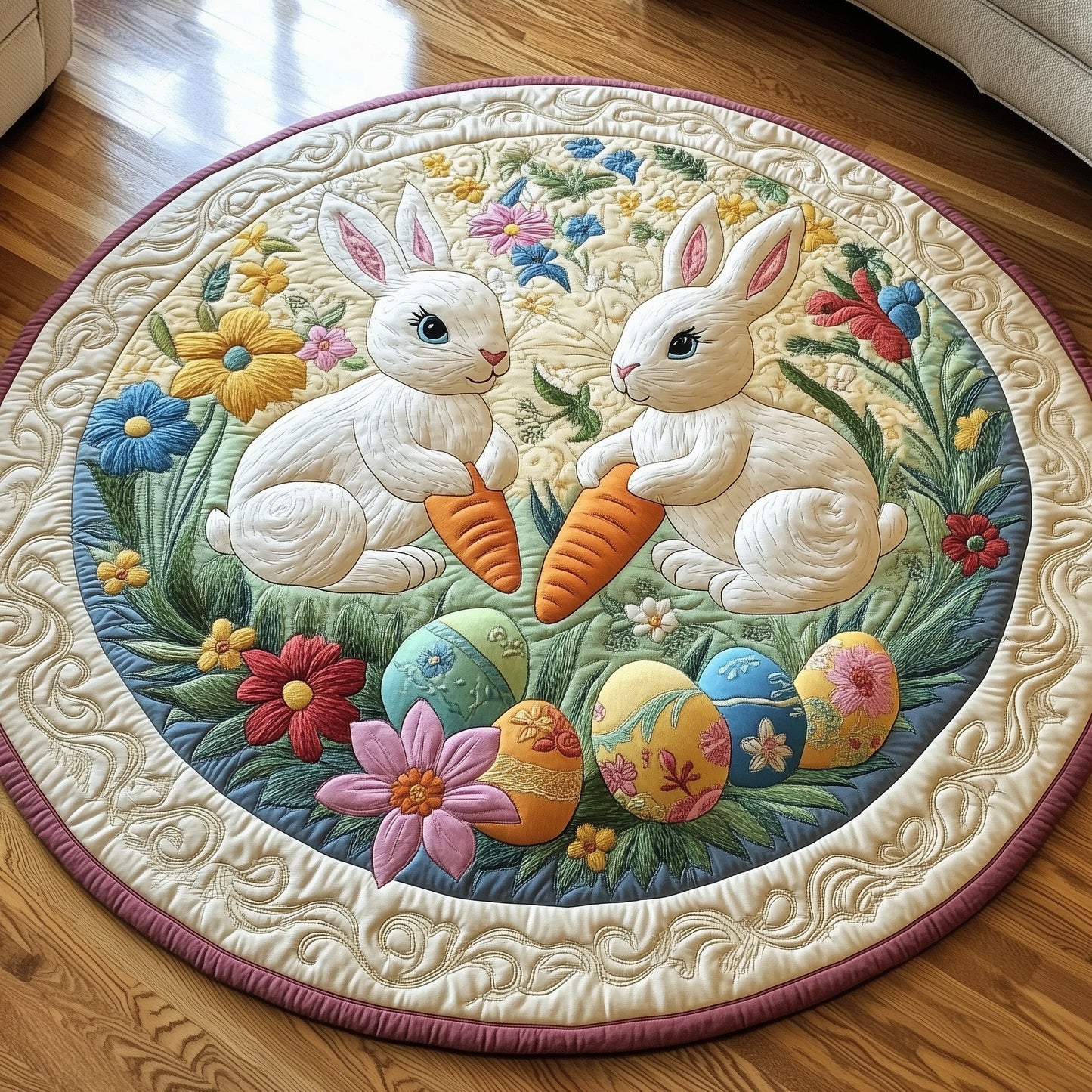 Cherished Bunny Couple Quilted Round Mat Holiday Living Decor Great Gift For Family_