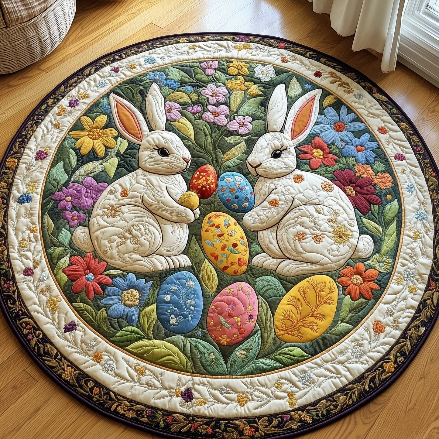 Springtime Bunny Duo Quilted Round Mat Easter Holiday Room Decor Unique Gifts For Girlfriend