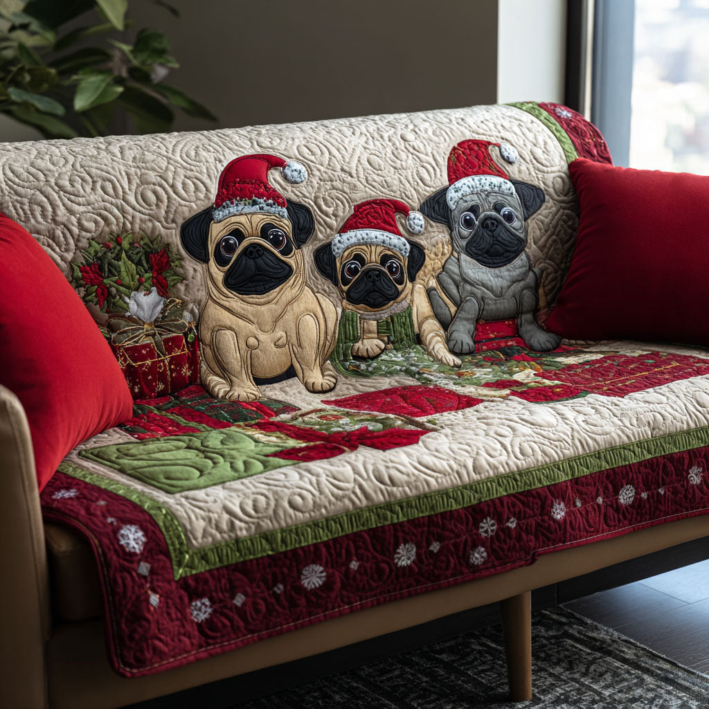 Festive Pug Trio Quilted Sofa Cover Bitbull Funny Design Home Decor Pug Lover Gift - Pvr