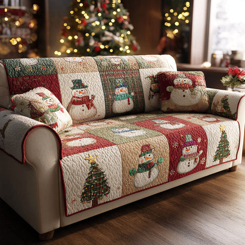 Festive Patchwork Quilted Sofa Cover Holiday Snowman Design Luxury Home Decor Xmas Gift - Pvr