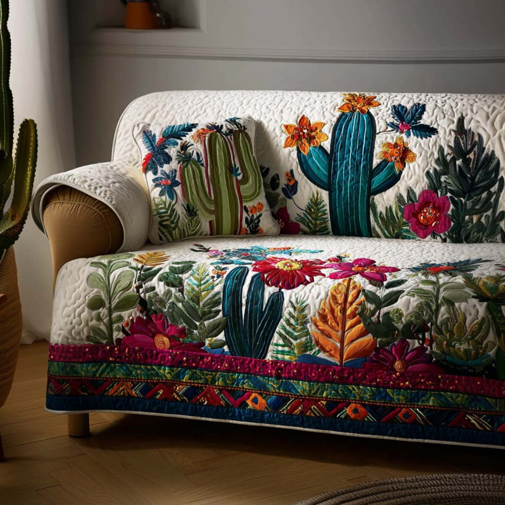 Desert Green Quilted Sofa Cover Catcus Holiday Design Home Decor Gift For Friend - Pvr