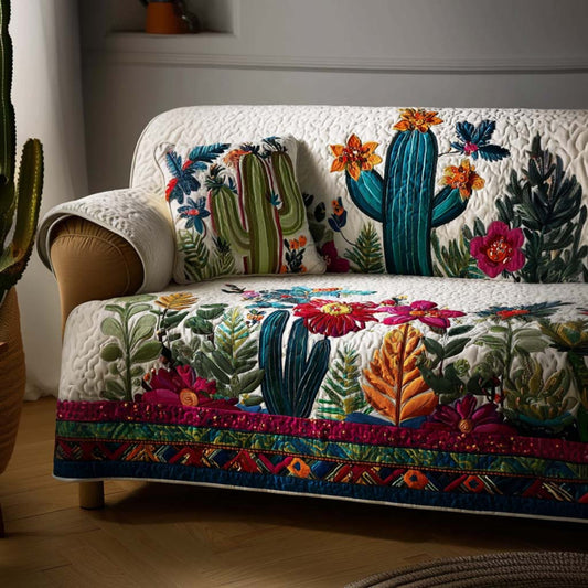 Desert Green Quilted Sofa Cover Catcus Holiday Design Home Decor Gift For Friend - Pvr