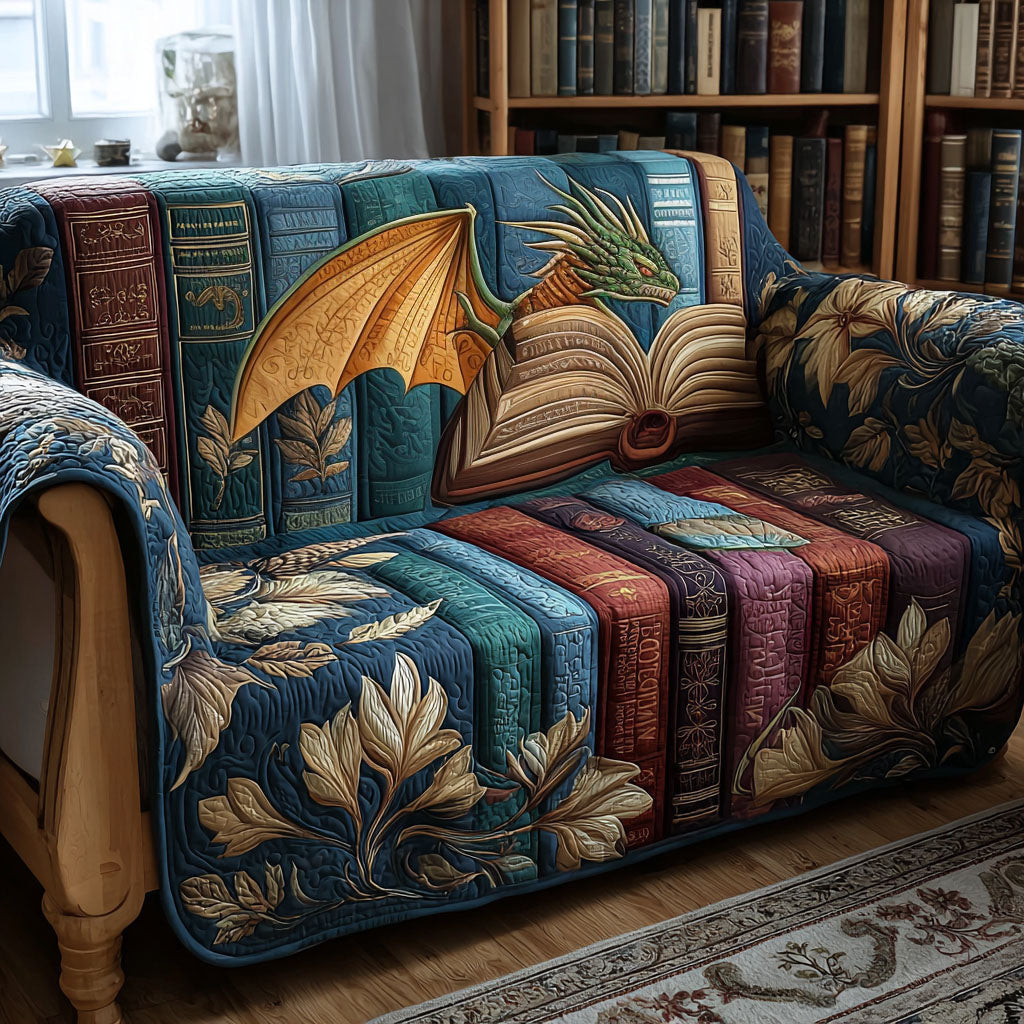Dragon of Lore Quilted Sofa Cover Book Themed Unique Home Decor Bookworms Gift Ideas - Pvr