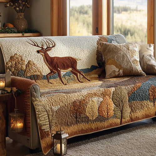 Autumn Trail Quilted Sofa Cover Deer Print Holiday Winter Design Home Decor Gift For Son - Pvr