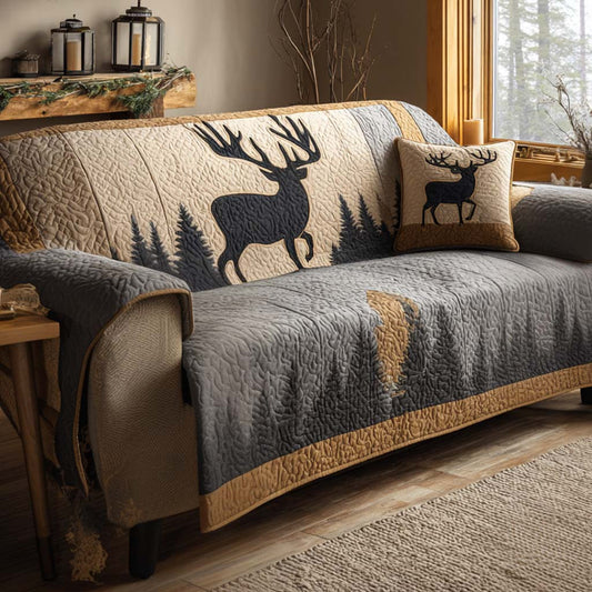 Forest Silhouettes Quilted Sofa Cover Reindeer Style Vintage Home Decor Best Gifts For Boys - Pvr
