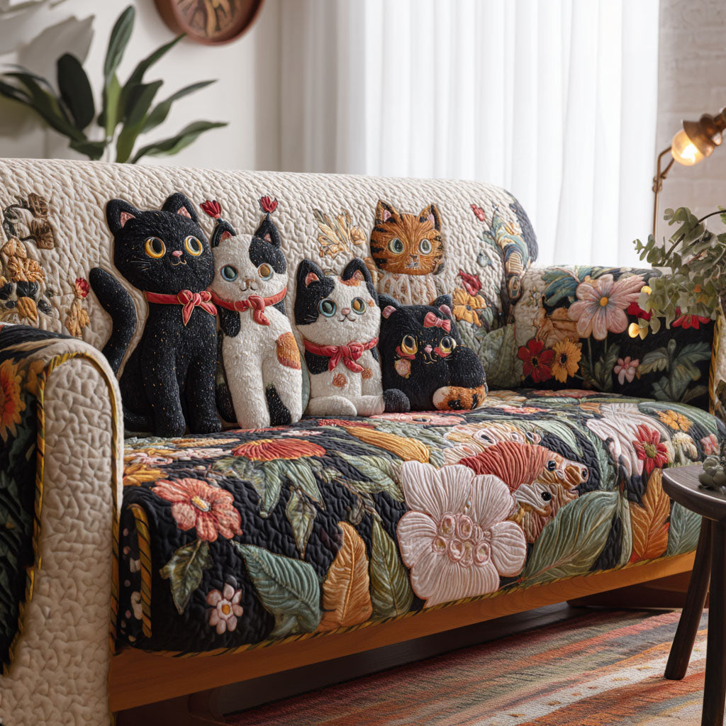 Furry Comfort Quilted Sofa Cover Cat Holiday Sofa Protector Themed Cat Lover Gift - Pvr