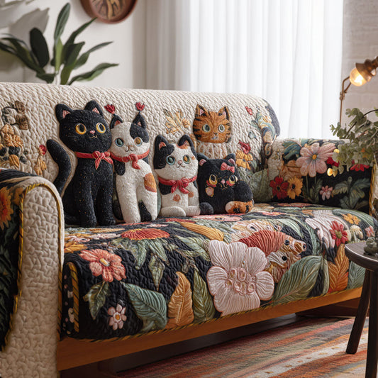 Furry Comfort Quilted Sofa Cover Cat Holiday Sofa Protector Themed Cat Lover Gift - Pvr