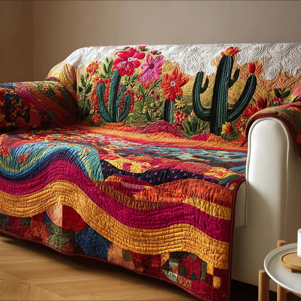 Arizona Bloom Quilted Sofa Cover Cactus Print Luxury Home Decor Best Gifts For Women - Pvr
