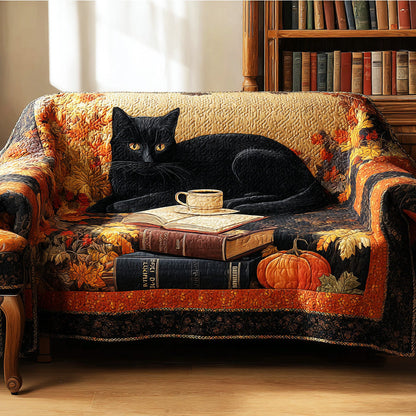 Cozy Library Cat Quilted Sofa Cover Cat Chill Christmas Sofa Protector Themed Book Lover Gift - Pvr