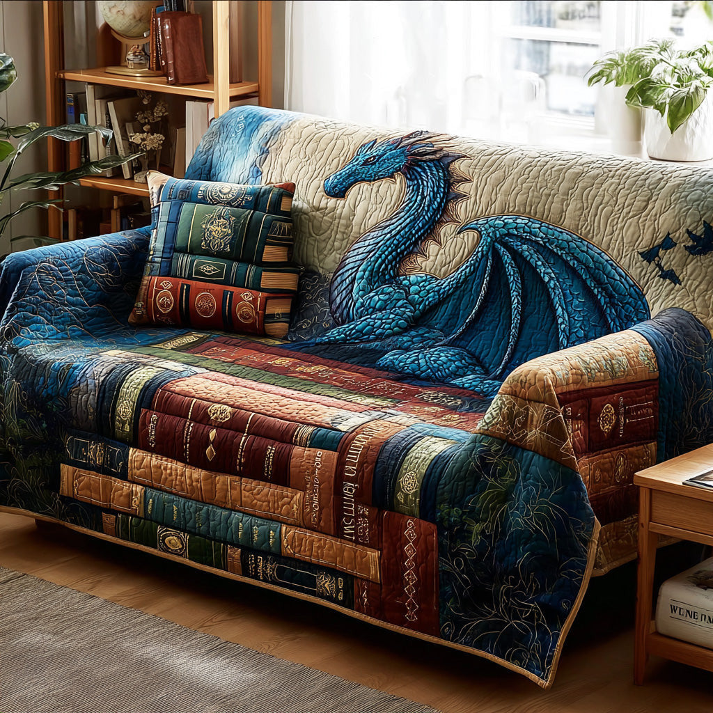 Dragon Library Guard Quilted Sofa Cover Holiday Home Decor Dragon Gifts For Her - Pvr